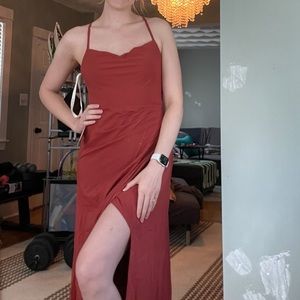 Azazie Eilish A-Line Pleated Stretch Chiffon Floor-Length Dress Terracotta